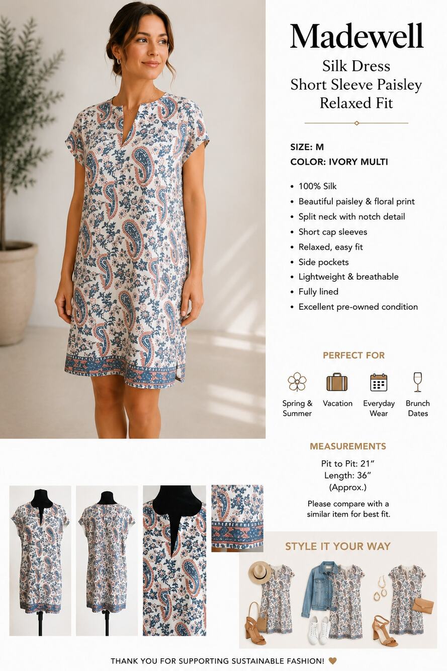 Madewell Silk Dress Paisley Shift Relaxed Short Sleeve White Blue SZM Relaxed